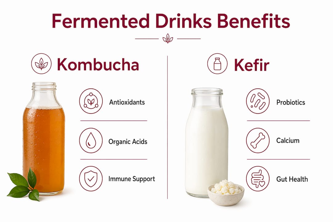 Infographic comparing kombucha and kefir benefits
