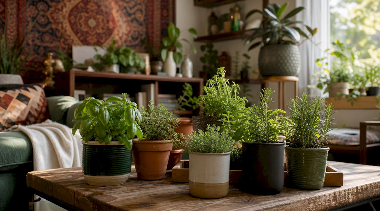 Close-up of herbs growing in containers on windowsill
