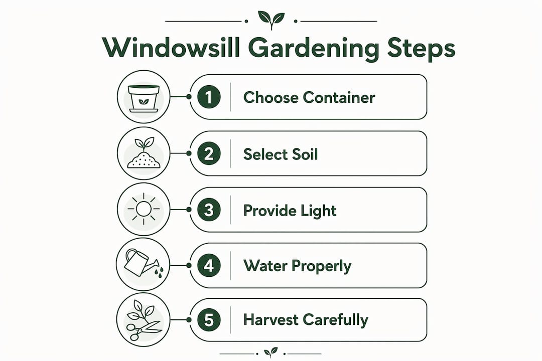 Infographic showing steps for successful windowsill gardening