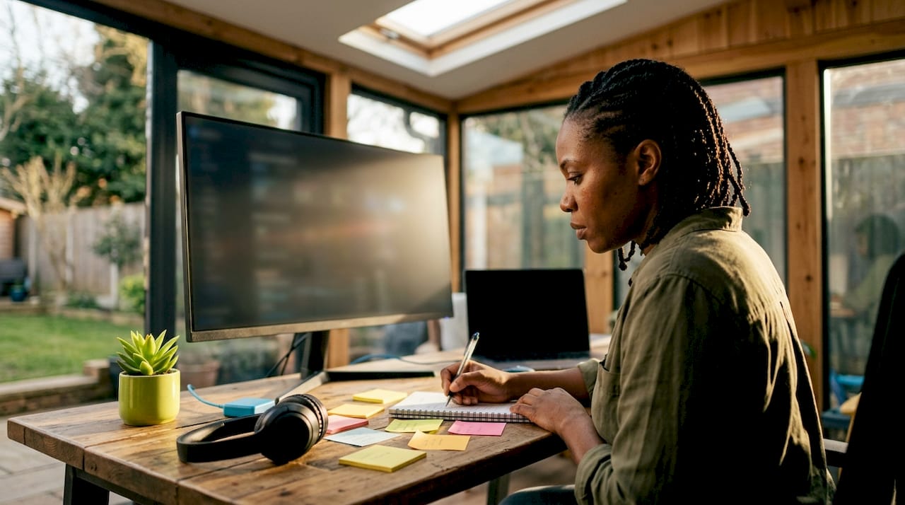 Woman reviewing social media analytics thoughtfully