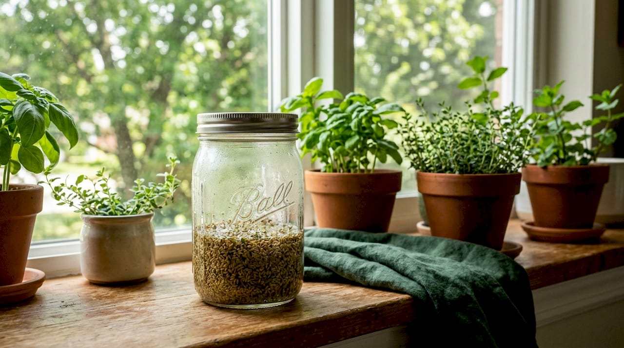 Close-up seed soaking in sprout jar