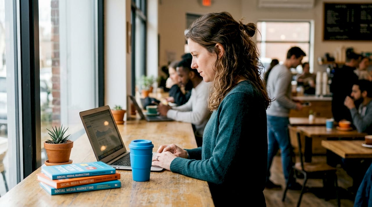 Woman reviewing social media analytics in home office