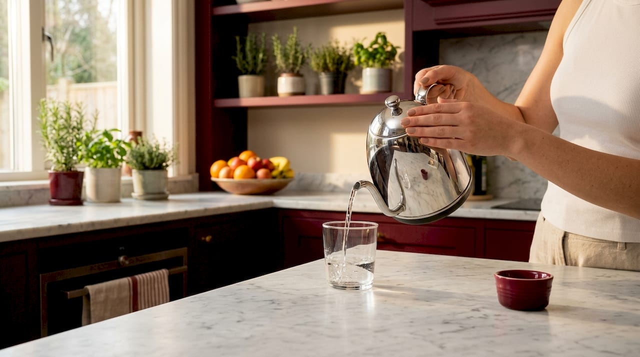 Hands holding glass under running water faucet