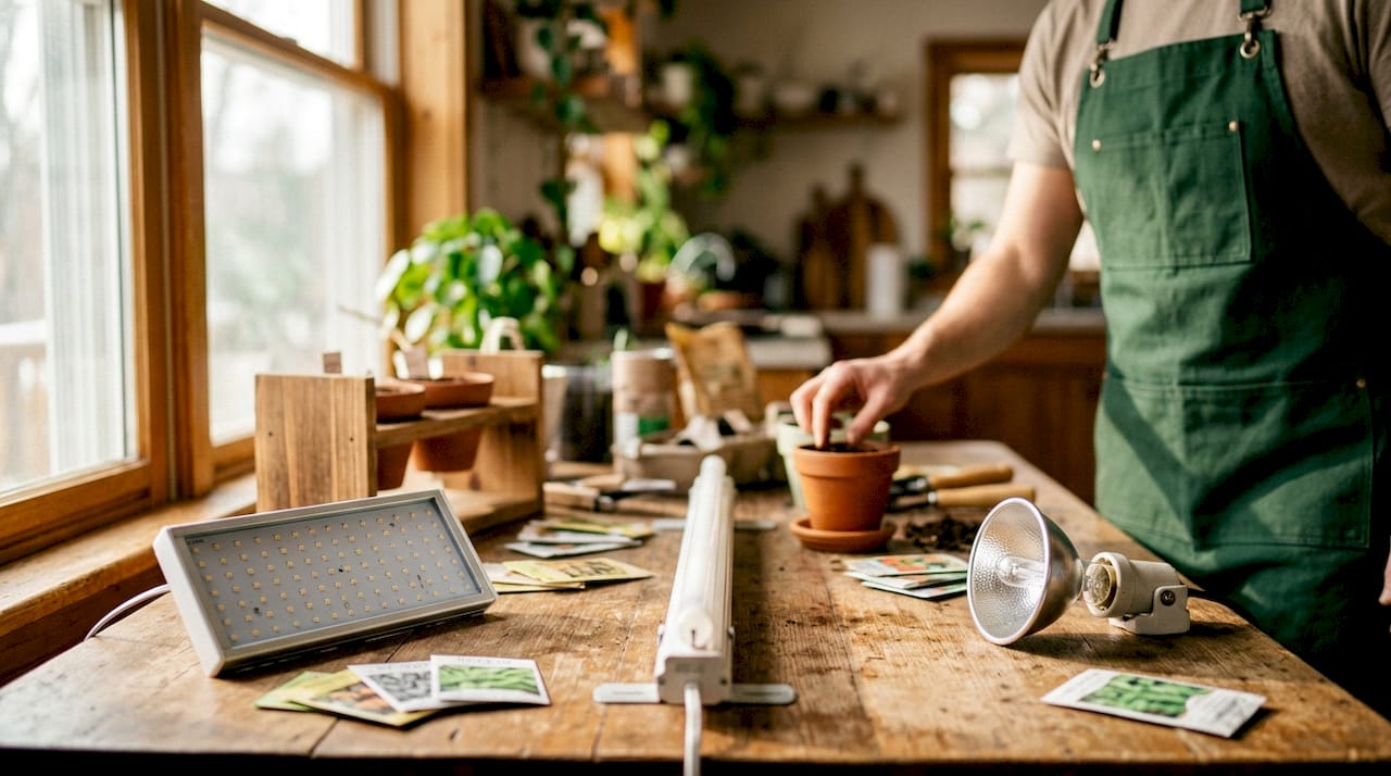 Different types of grow lights on a table