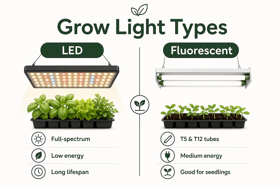 Infographic comparing LED and fluorescent grow lights