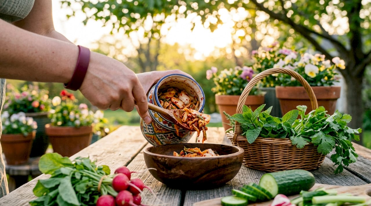 Hands serving fermented kimchi at kitchen counter