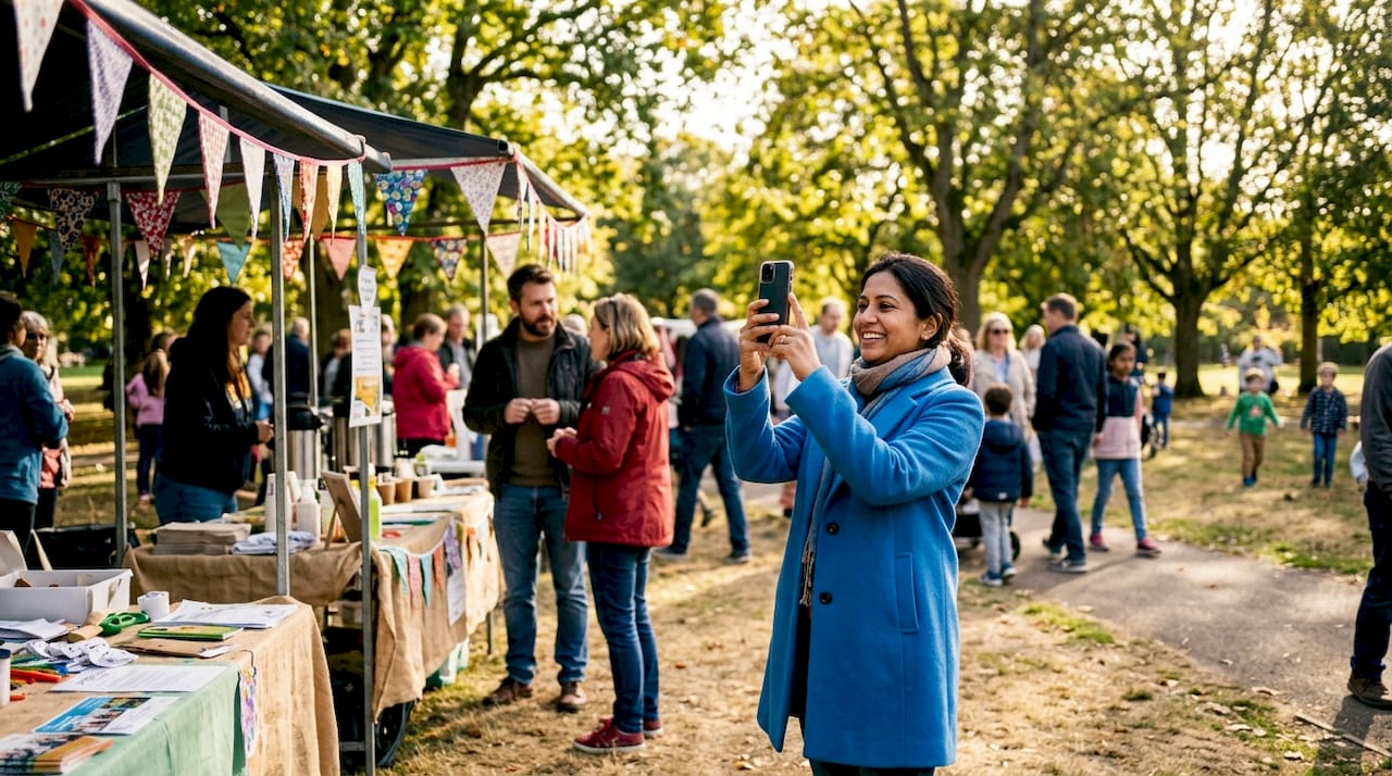 Woman taking photo at outdoor UK community event