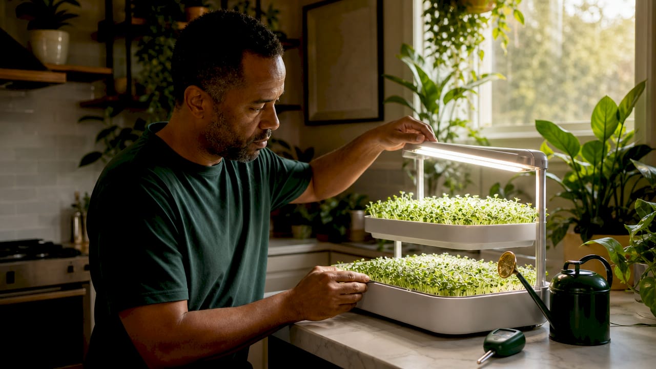 Man adjusting grow light for indoor sprouts