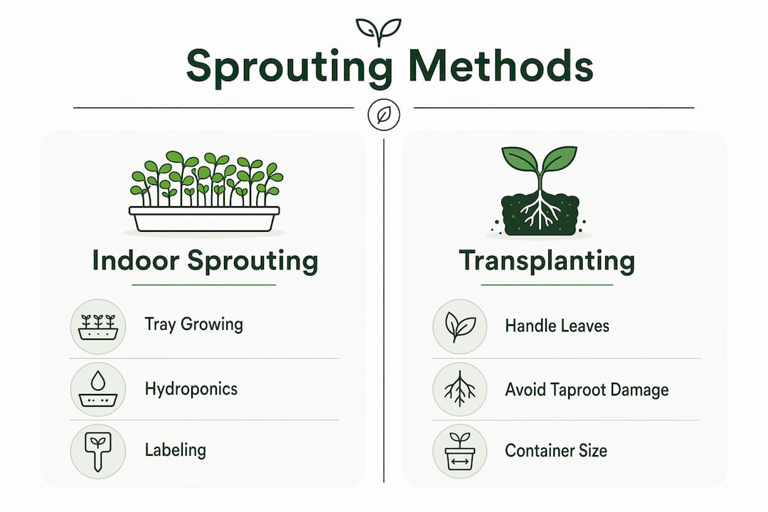 Infographic comparing indoor sprouting and transplanting methods