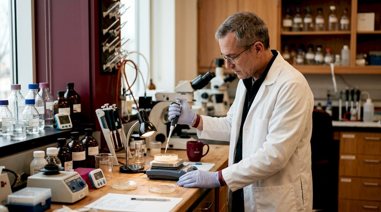 Hands adding enzymes to yeast culture