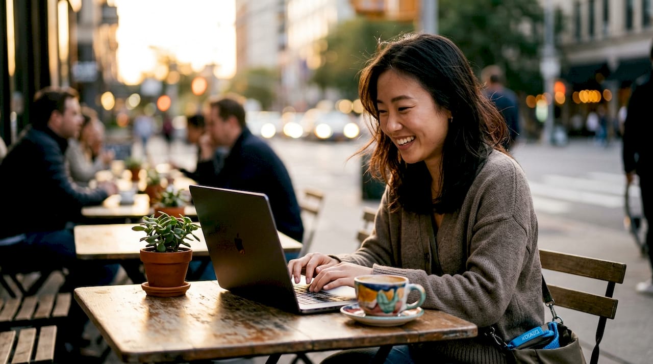 Woman replying to social media comments at desk