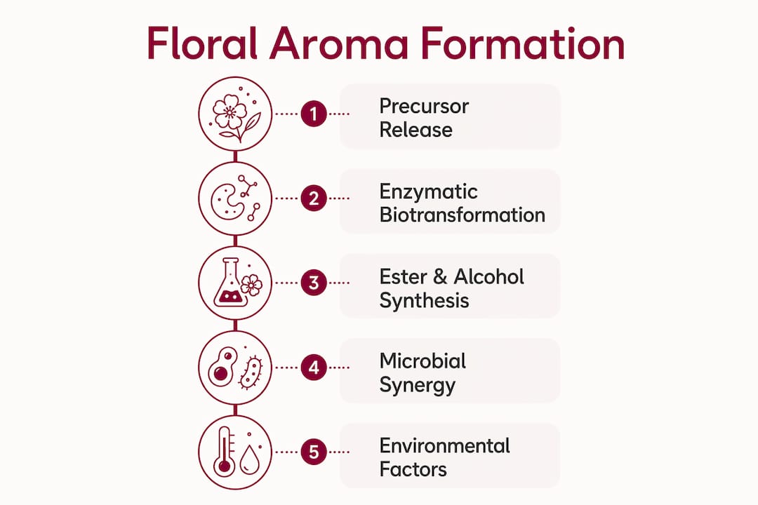 Infographic showing stages of floral aroma formation