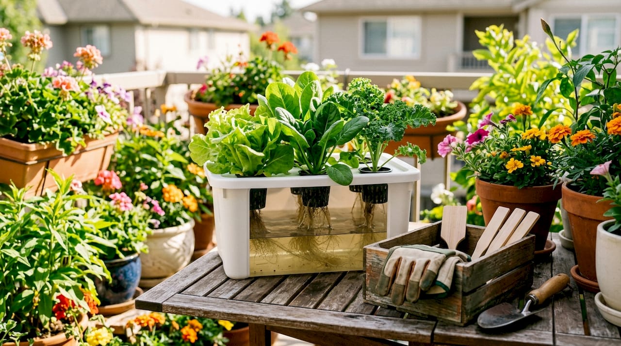 Passive hydroponic Kratky system on kitchen windowsill