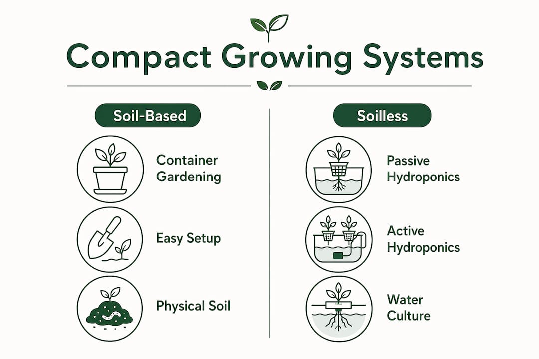 Infographic comparing soil-based and soilless compact growing systems