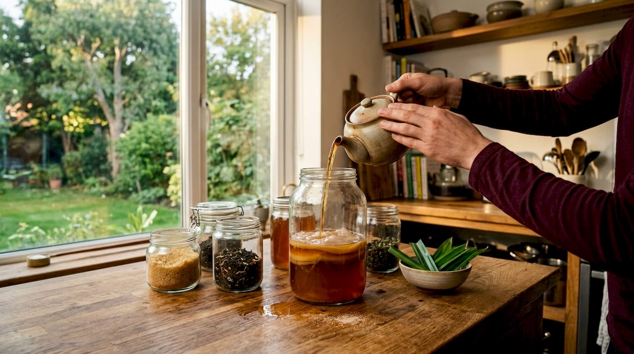 Hands brewing kombucha at home in Singapore
