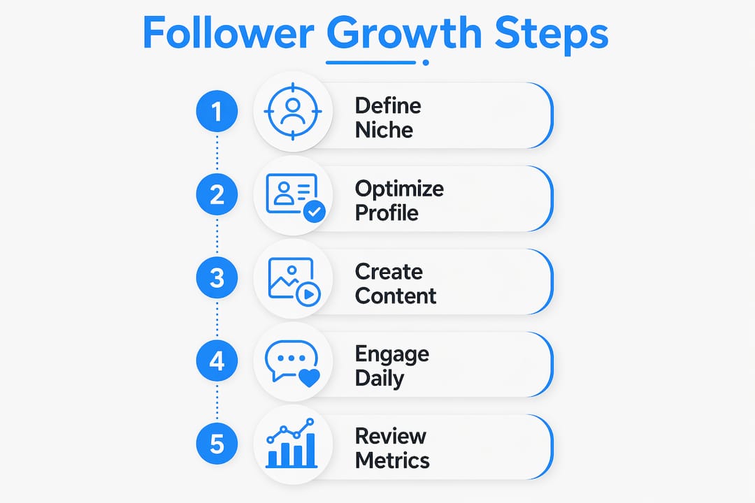 Infographic showing five steps to grow followers