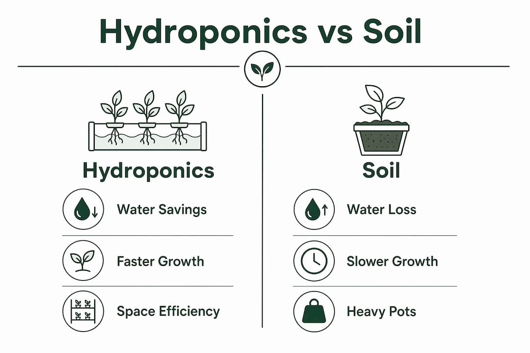 Infographic comparing hydroponics and soil for indoor growing