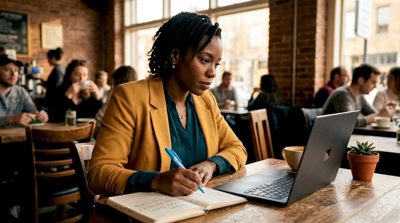 Content strategist writing in planner at home office desk