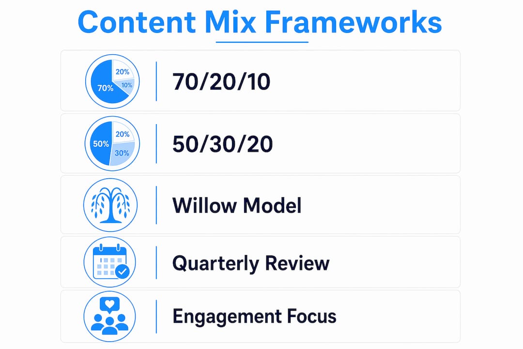 Infographic showing social media content mix frameworks and steps