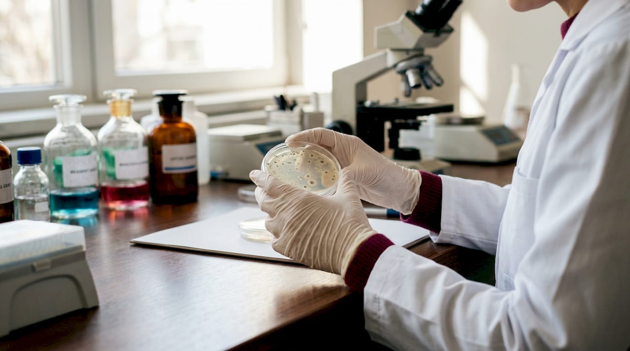 Scientist examining microbial cultures in lab