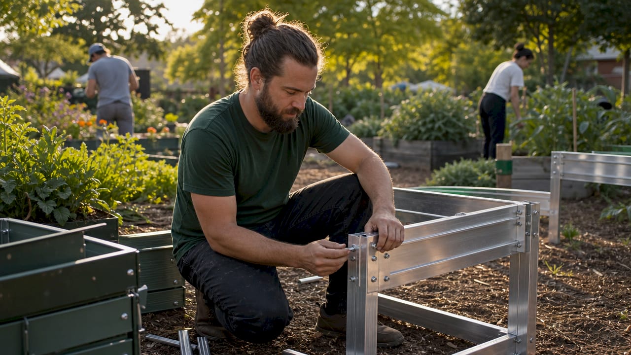 Hands assembling aluminum modular planter frame on balcony