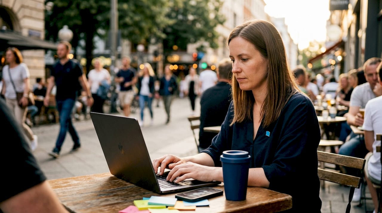 Small business owner working on social media at café
