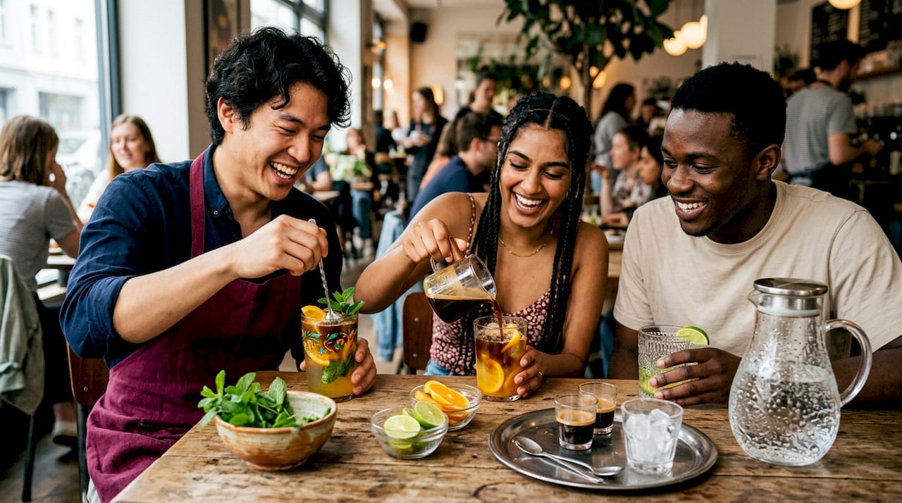 Friends preparing viral cold coffee drink together