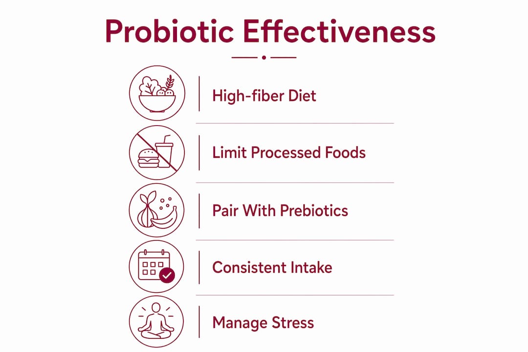 Infographic on lifestyle and dietary factors influencing probiotics effectiveness