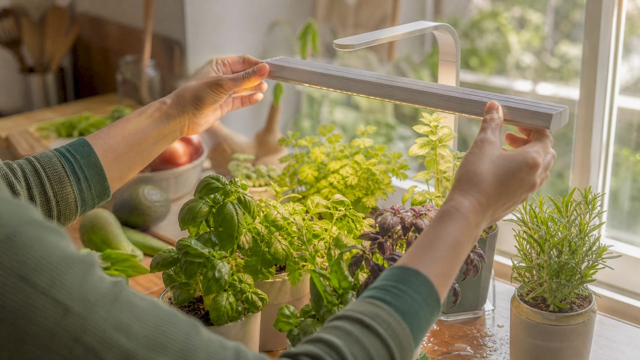 Hands adjusting LED grow light over herbs
