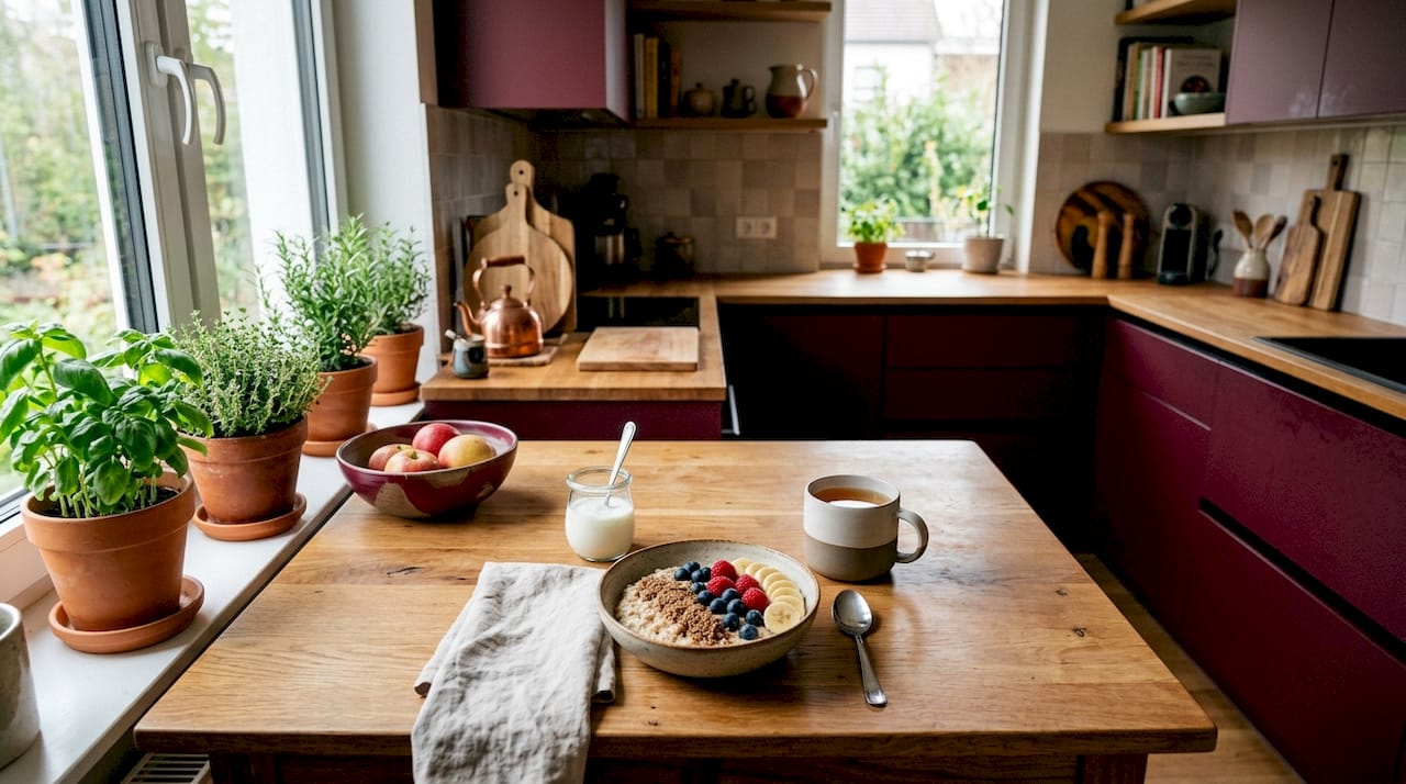 Close-up of gut-friendly breakfast on outdoor table