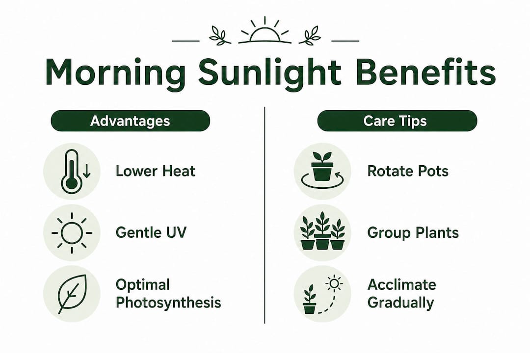 Infographic comparing morning sunlight benefits and plant care tips
