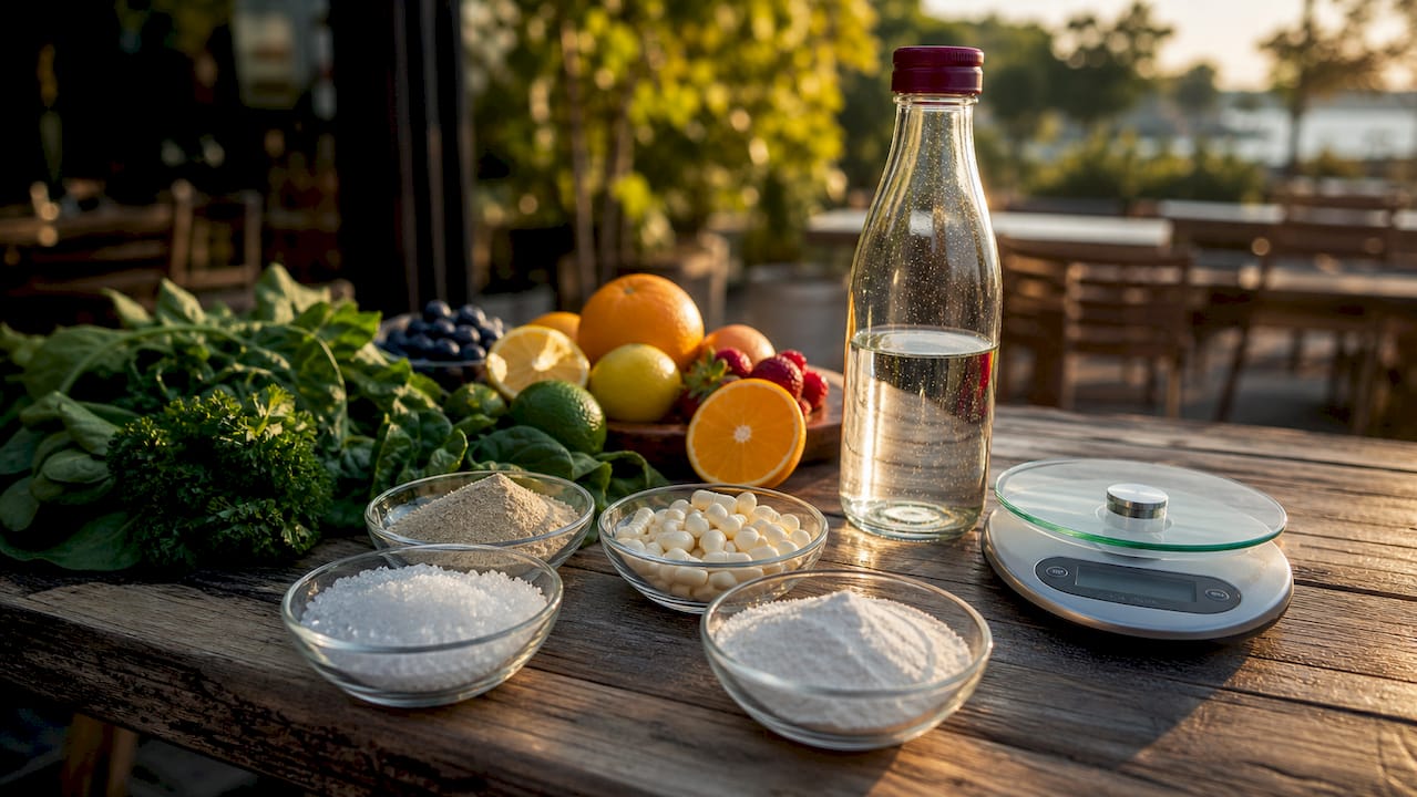 Close-up of recovery drink powdered ingredients on kitchen counter