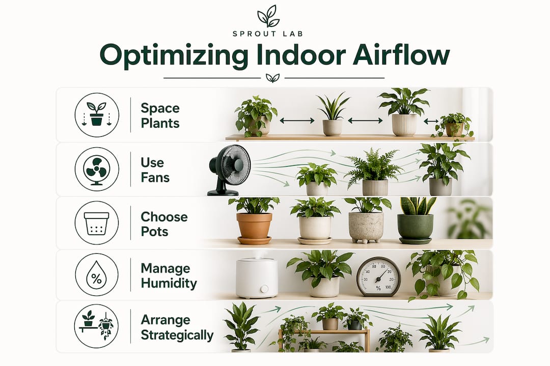 Infographic showing steps to optimize indoor plant airflow