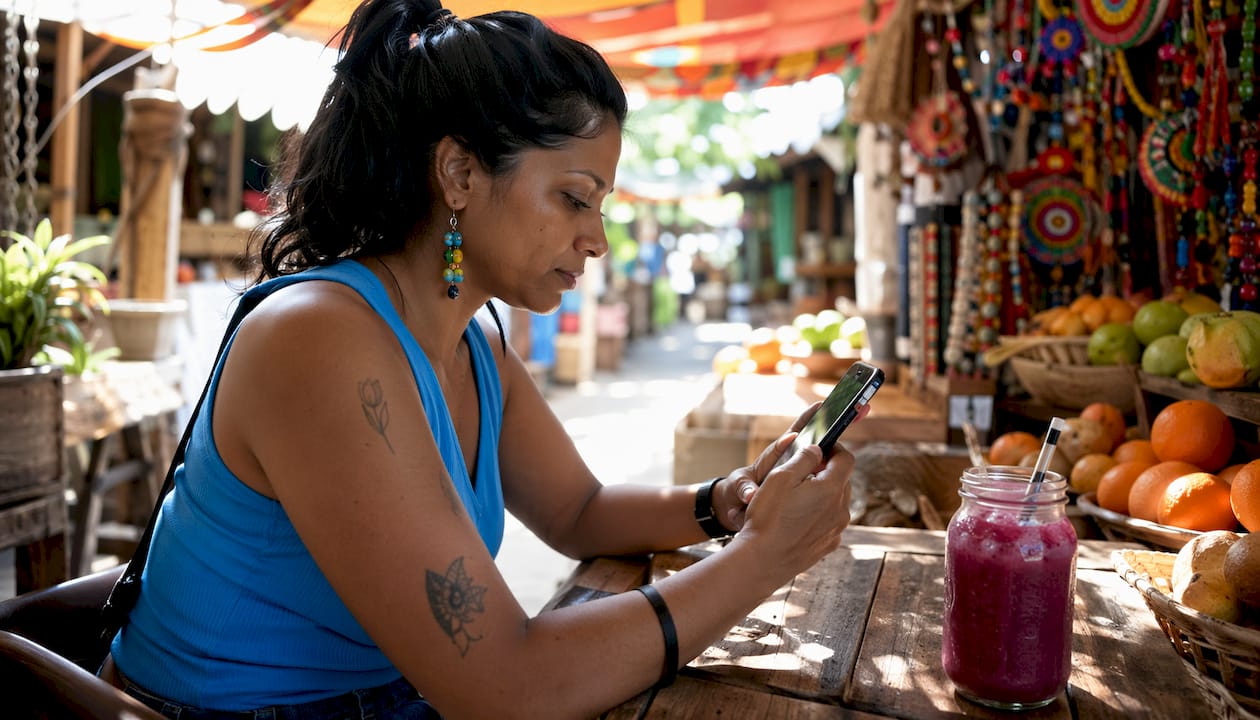 Woman creating geo-targeted social media post on smartphone