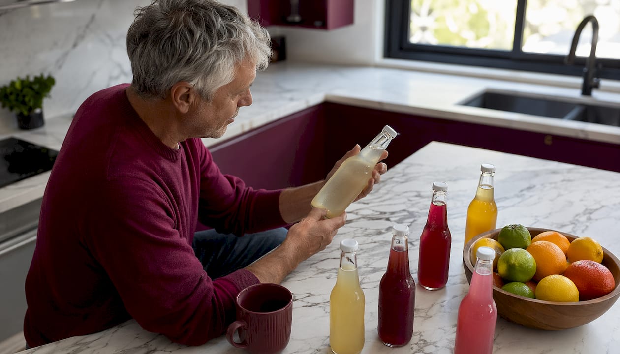 Man examining water kefir bottle at table