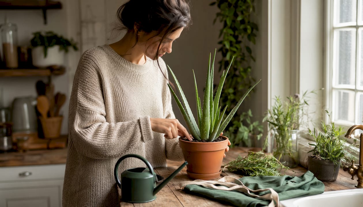 Hands testing soil moisture for indoor plant