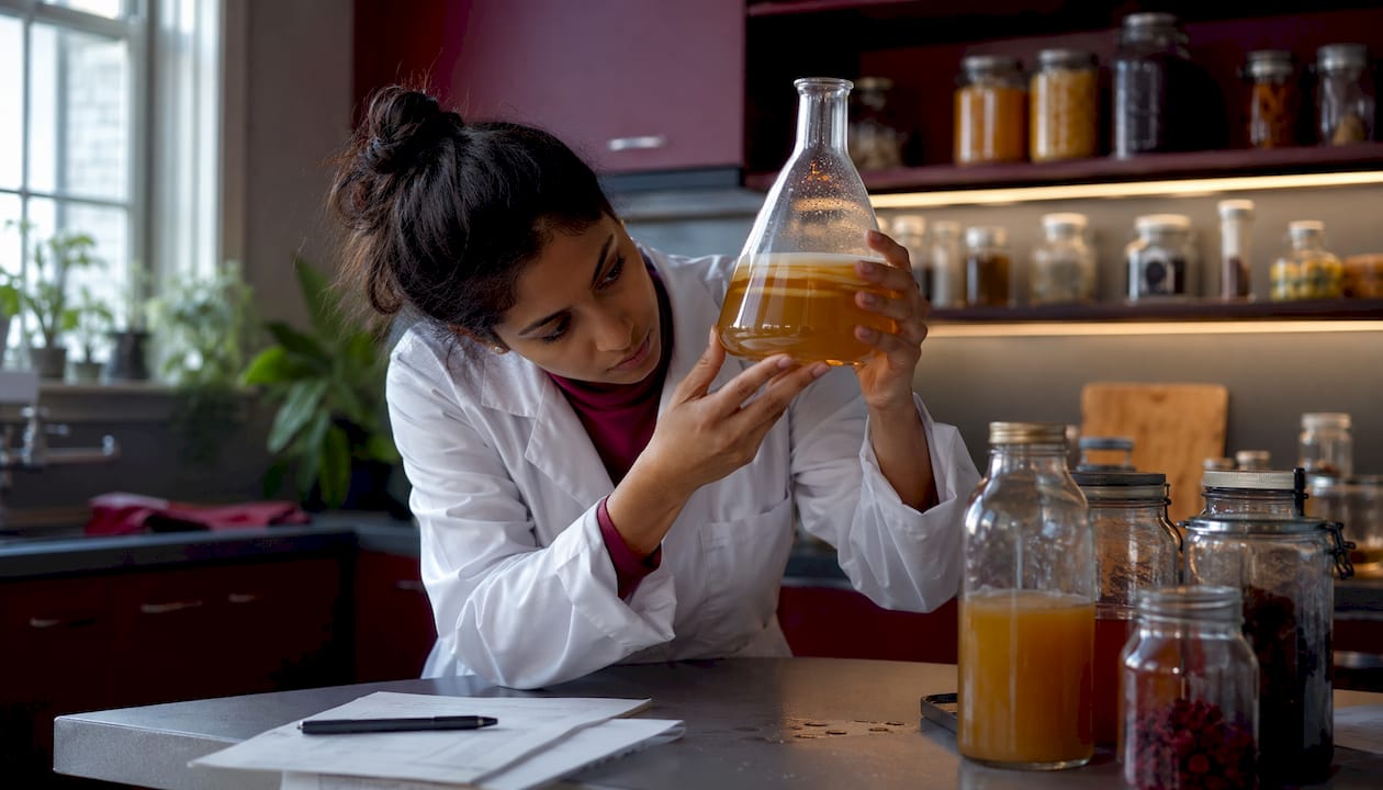 Scientist analyzing kombucha in Swiss lab