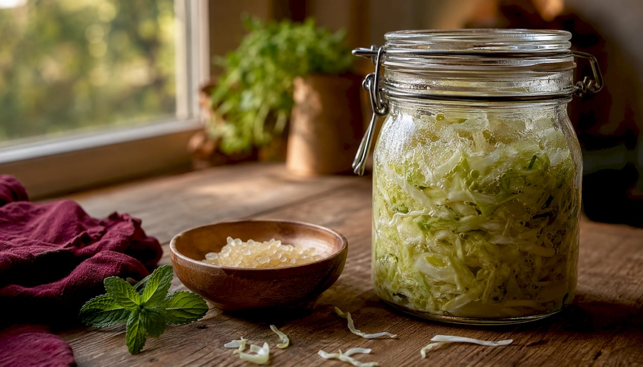 Jar of sauerkraut and lactic acid crystals on table