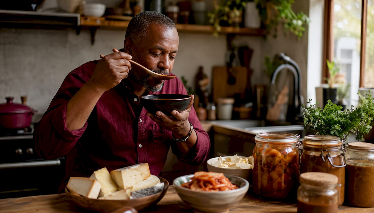 Man tasting umami-rich fermented food in kitchen
