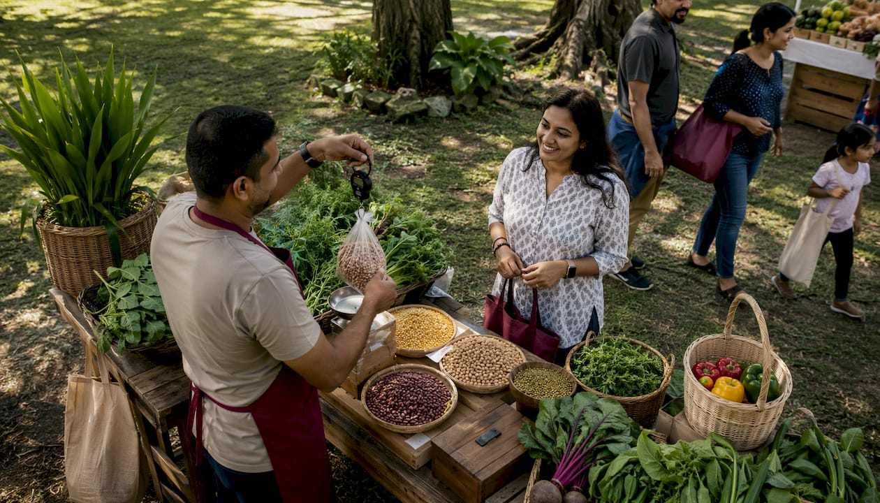 Vendor selling legumes at outdoor market