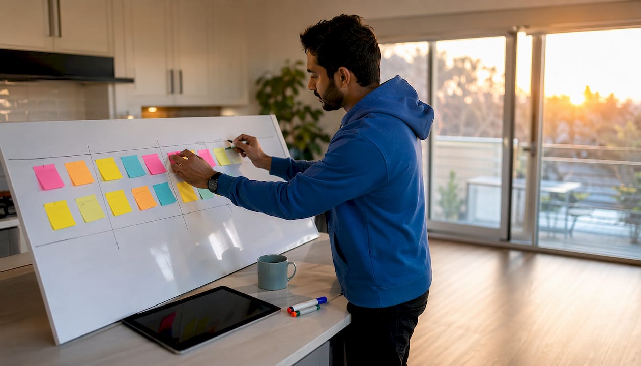 Hands arranging content calendar notes
