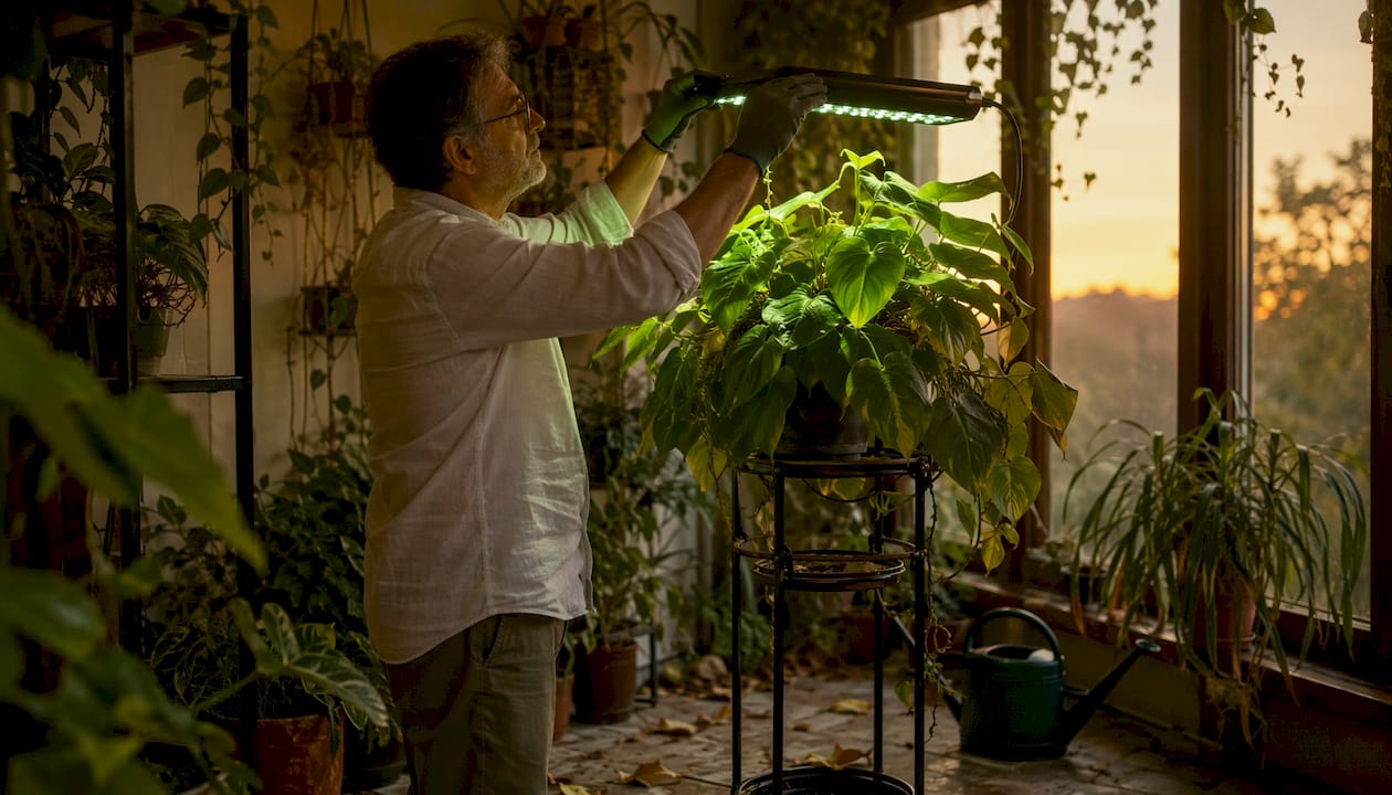 Gardener adjusting grow light over Monstera