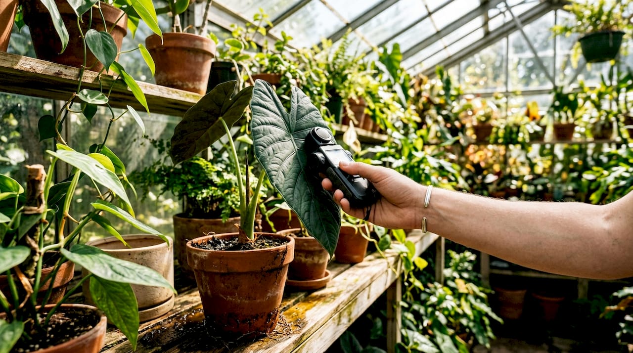 Hand measuring light on aroid leaf