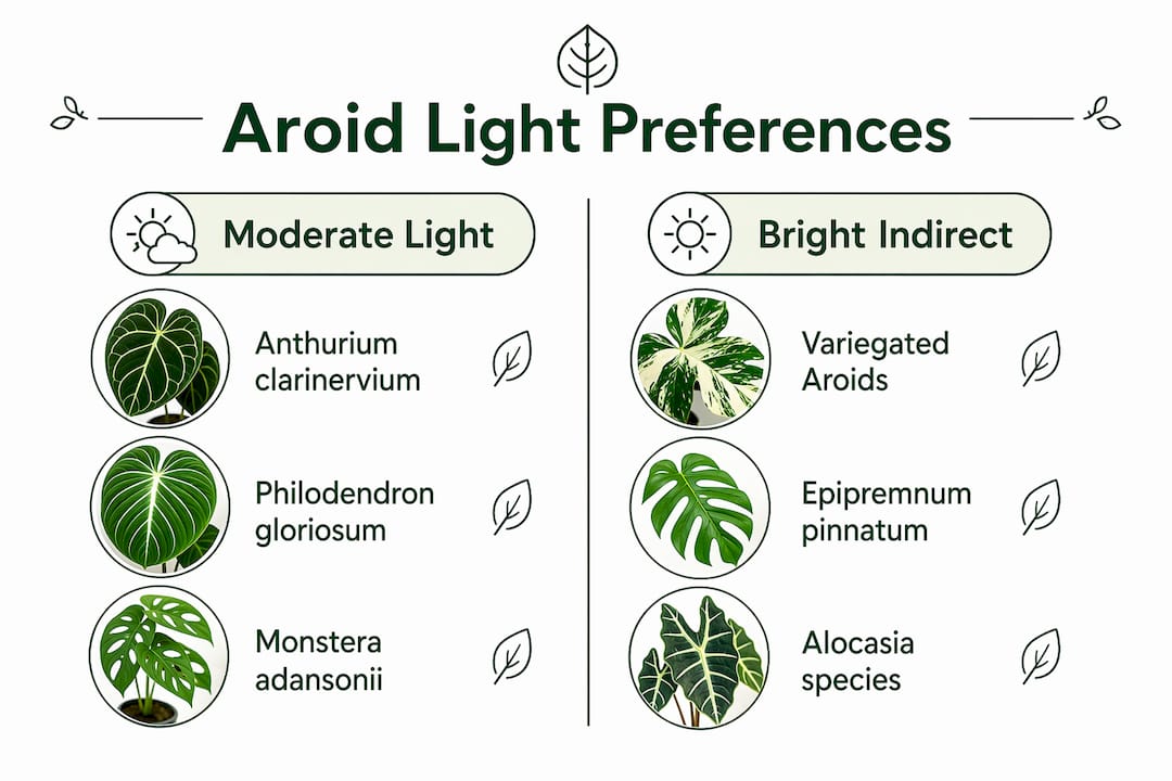 Infographic comparing aroid species light preferences