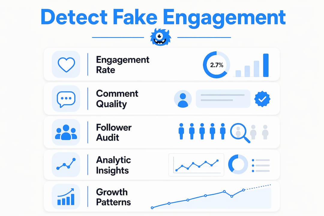 Infographic presenting steps to detect fake engagement