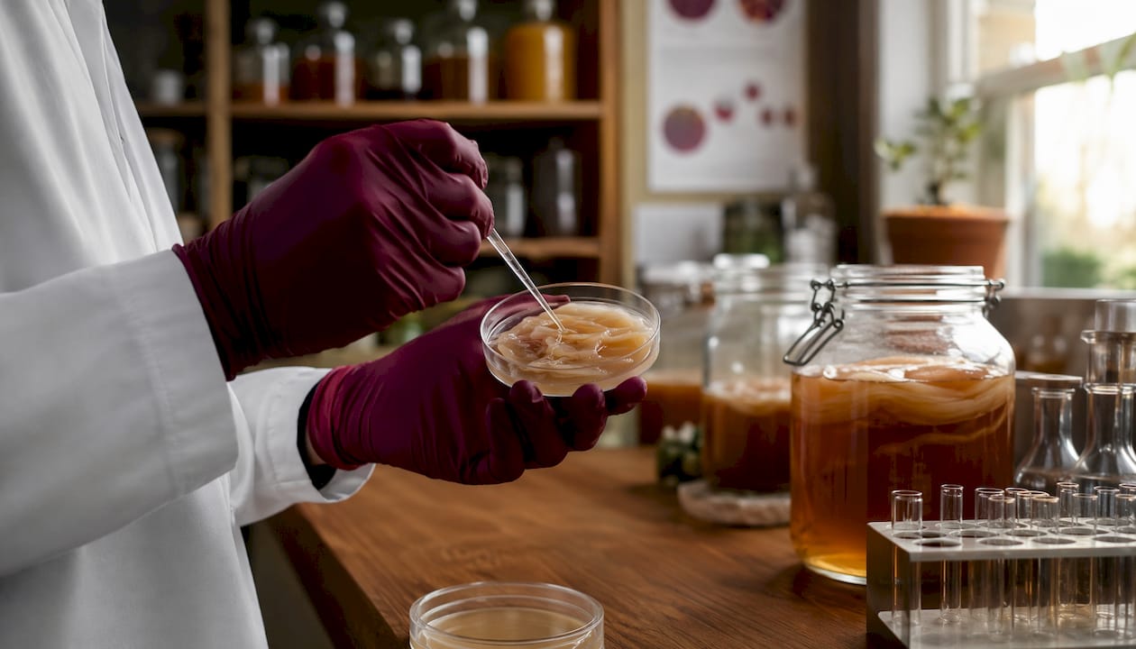 Hands sampling kombucha microbial culture in lab