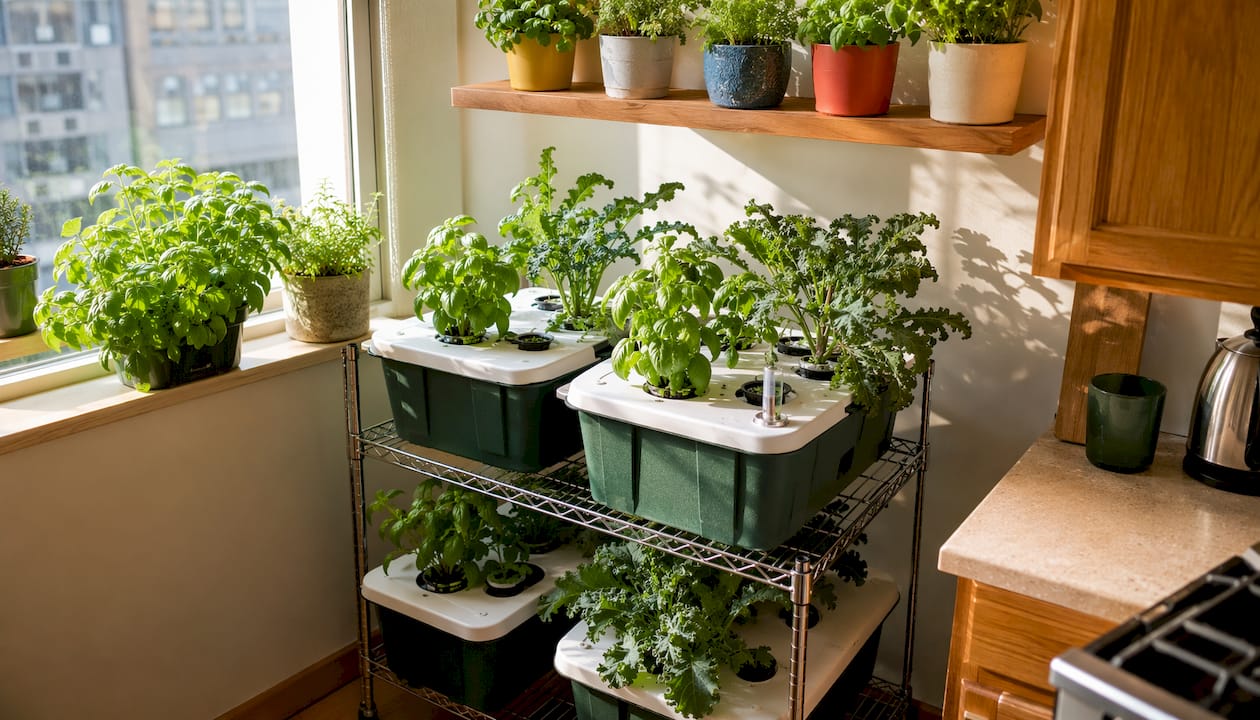 Tiered hydroponic shelves with plants grows indoors