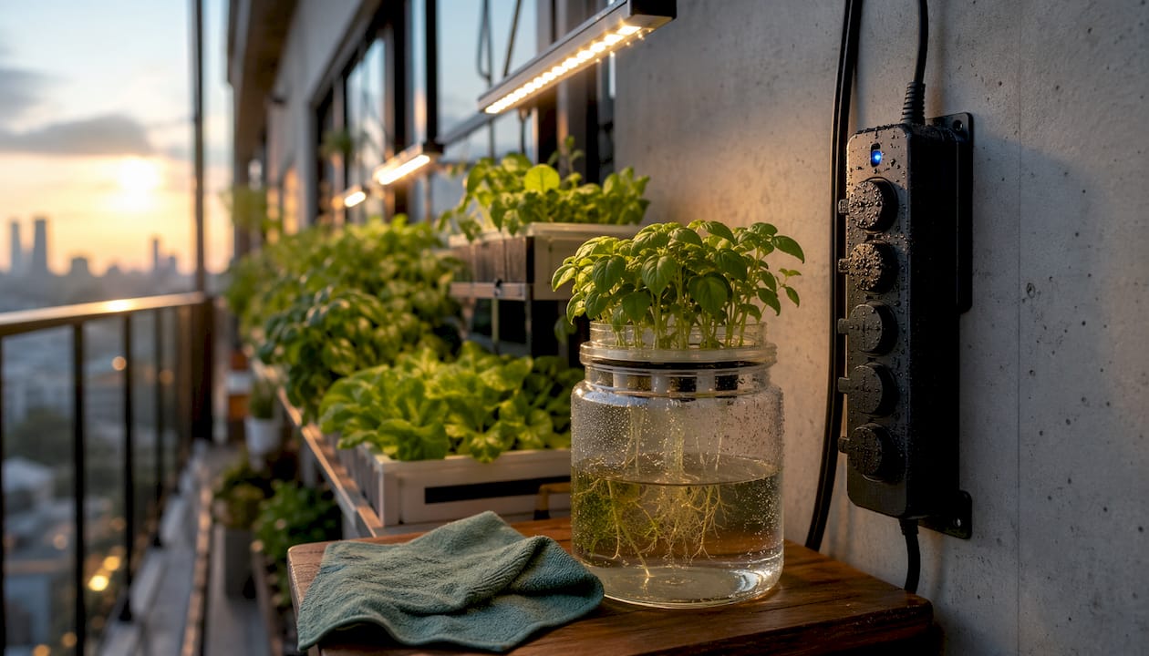 Safe electrical setup near hydroponic jar indoors