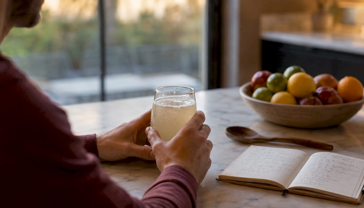 Hands holding fermented drink with probiotic notes