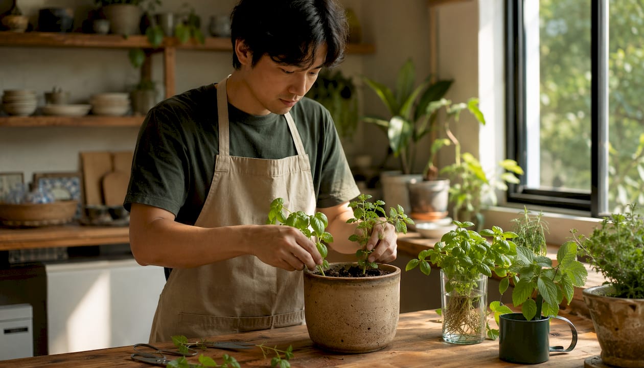 Hands placing herb stem cuttings into water jar
